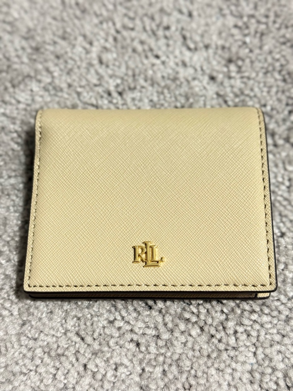 Ralph Lauren Cream Saffiano Leather Compact Wallet with Gold RL Emblem
